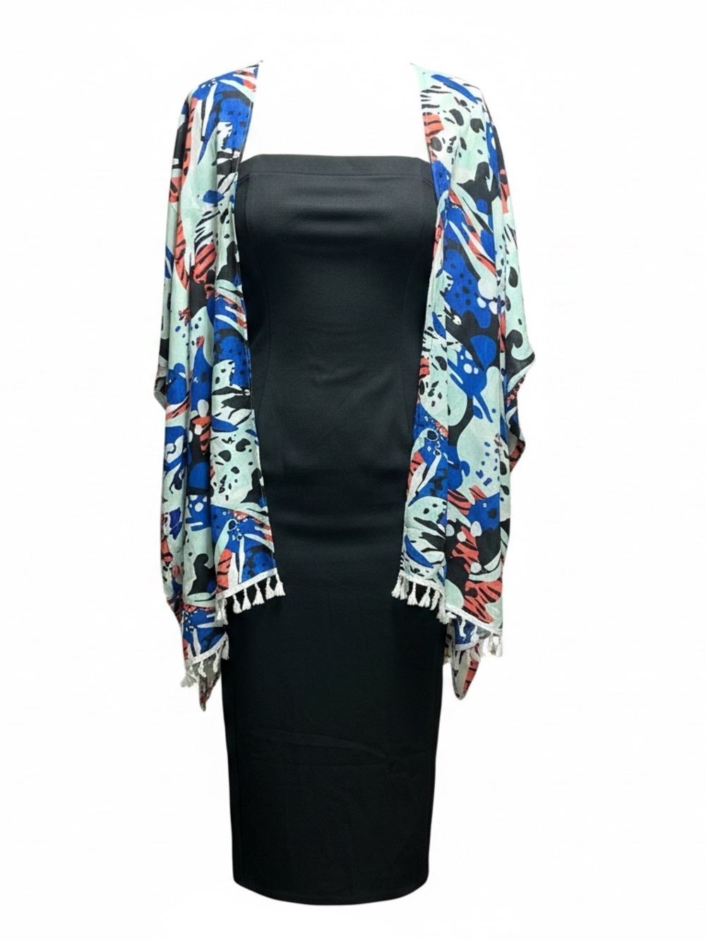 A New Day Black Strapless Dress with Red Blue and Black Cardigan with tassels 2x
